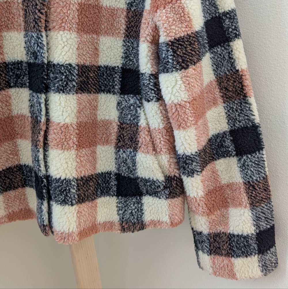 Madewell Hazlewood Faux Fur Plaid Sherpa Jacket In Black/Coral/Ivory - M - Picture 7 of 13